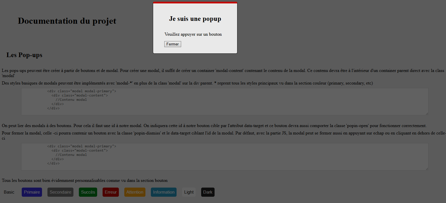 Image d'une popup ouverte avec le projet Bootstrap