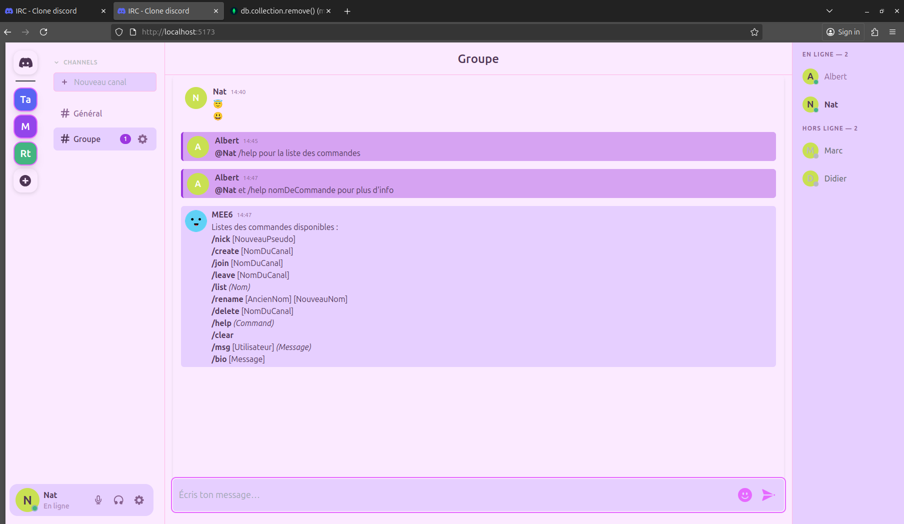 Liste des commandes et notifications