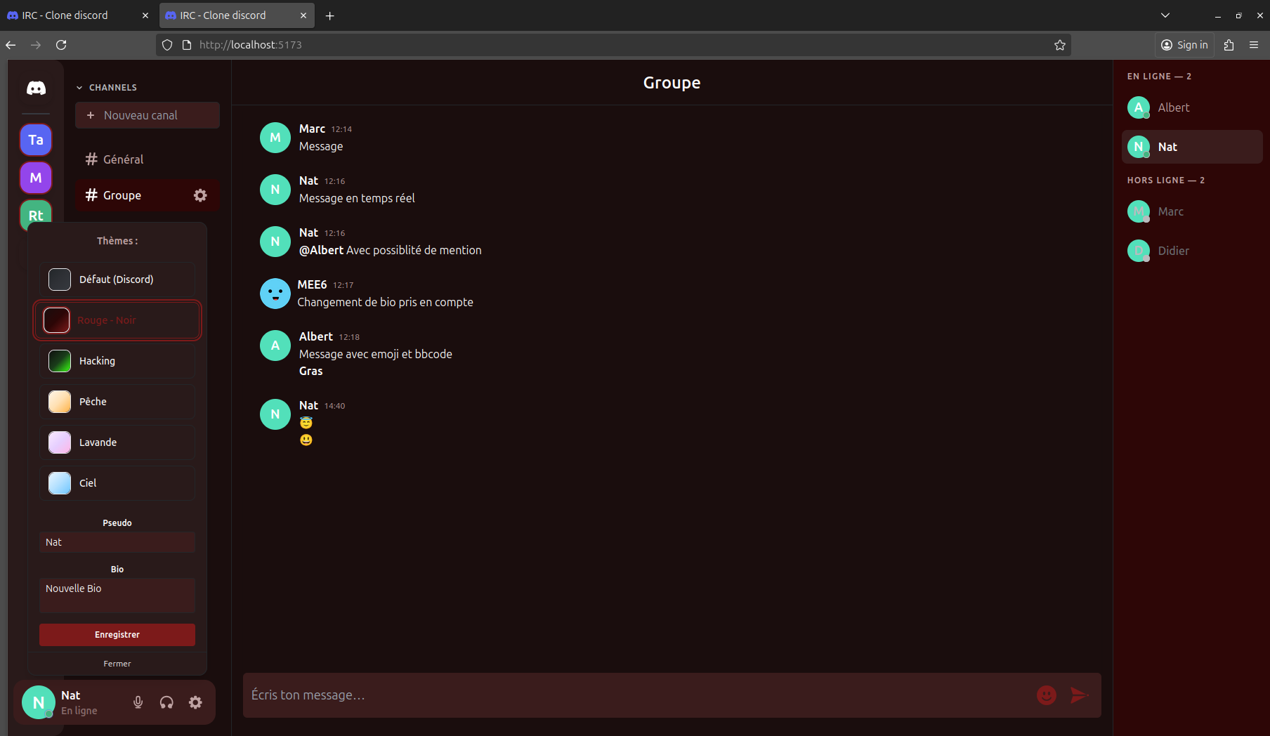 Système et affichage des thèmes, modification nom et bio